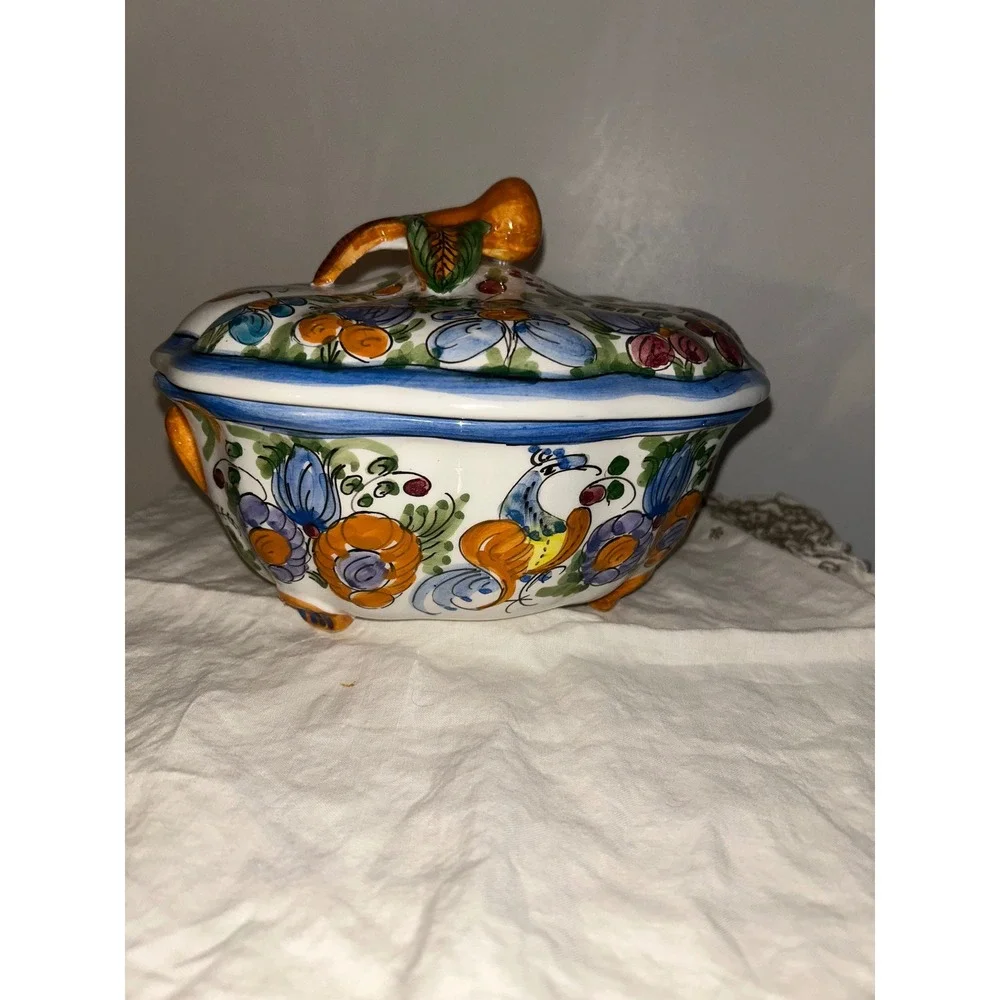 Italian Ceramic Lidded Tureen Hand Painted Deruta Style Floral Peacock Bowl